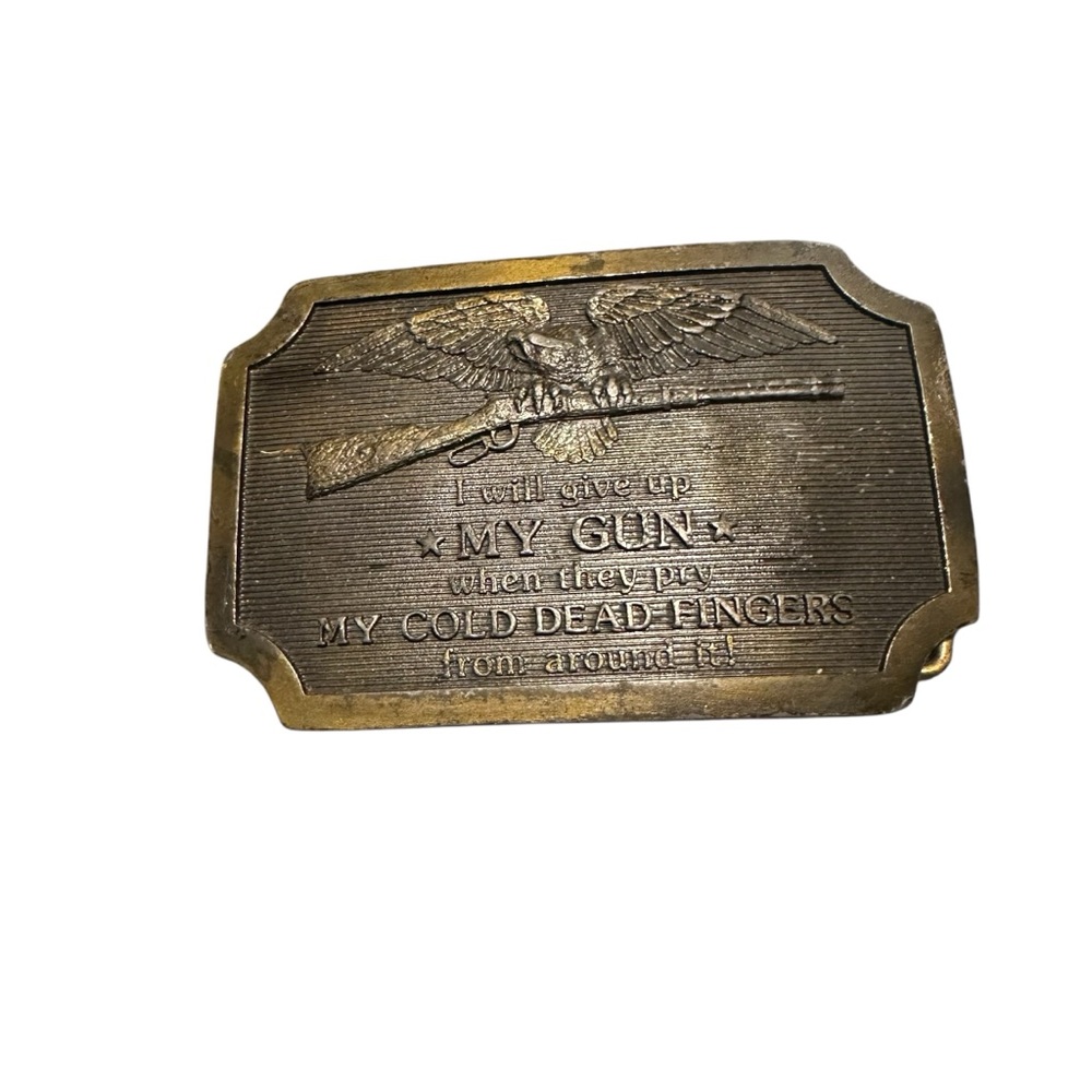 1977 Indiana Metal Craft Bronze Belt Buckle “I Will Give Up My Gun….” Vintage